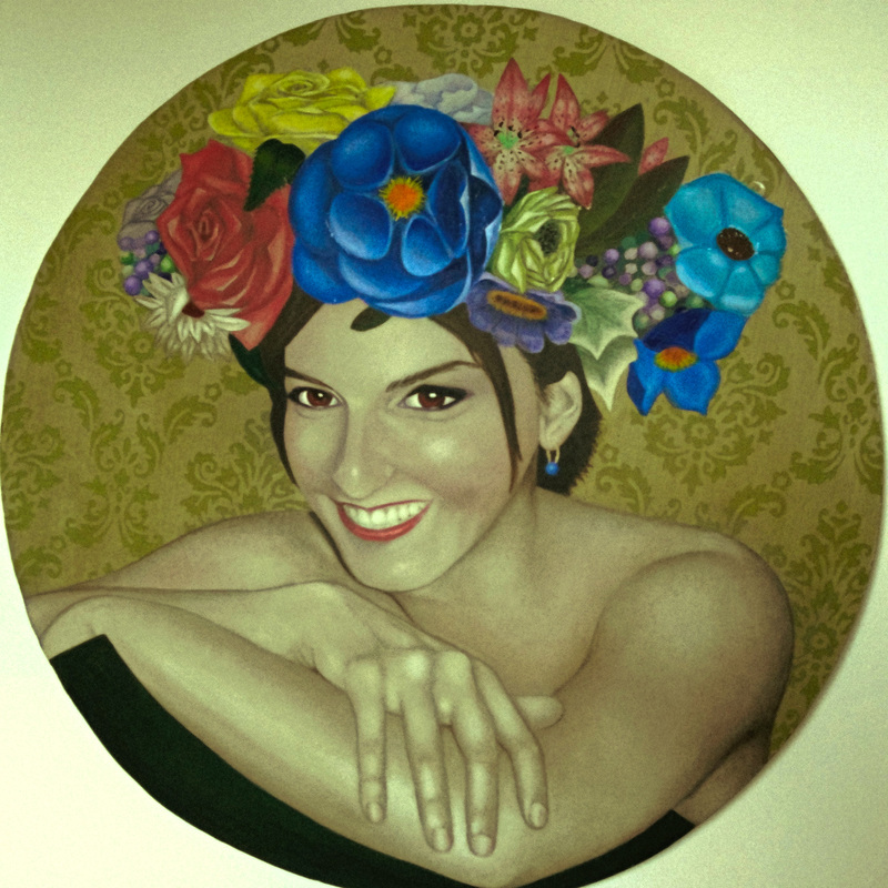 Julie - Acrylic on vintage wall paper-lined wood panel.